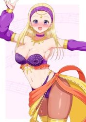 aikome_(haikome) arabian_clothes bare_shoulders belly_dance belly_dancer belly_dancer_outfit belly_dancing blush bouncing_breasts cleavage clothing dancer dancing dragon_quest dragon_quest_xi earrings haikome harem_girl harem_outfit jewelry large_breasts long_hair looking_at_viewer low_res musical_note serena_(dq11) slim_waist wide_hips