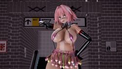 3d armwear astolfo_(fate) big_breasts condom_belt fate/grand_order fate_(series) feminization genderswap genderswap_(mtf) hair_ornament micro_bikini mmd pink_eyes pink_hair rule_63 subway_station trolltengu