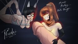 2girls black_hair bondage commissioner_upload fox_ears fox_girl glowing heterochromia mary_(idkyoumakeitup) moby_huge moth moth_girl moth_humanoid multiple_girls orange_hair ponytail richardsecchi smug_grin tora_sinai tora_sinai_(bitchiroisout) virtual_youtuber vtuber