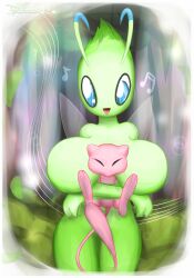 2022 3_fingers ambiguous_gender antennae_(anatomy) anthro arm_under_breasts arthropod between_breasts big_breasts blue_eyes breast_smother breasts celebi closed_eyes crossed_arms duo embrace featureless_breasts female fingers friita generation_1_pokemon generation_2_pokemon generation_7_pokemon green_body happy hi_res hug hugging_from_behind legendary_pokemon looking_down mew mew_(pokemon) musical_note nintendo not_furry open_mouth pink_body pokemon pokemon_(species) signature singing size_difference smothering