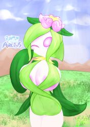 2022 absurd_res accessory areola areola_slip big_breasts blush breasts clothed clothing detailed_background elemental_creature female flora_fauna flower flower_in_hair friita green_hair hair hair_accessory hi_res hisuian_form hisuian_lilligant huge_breasts humanoid leaf_arms lilligant mouthless nintendo not_furry one_eye_closed pink_areola pink_eyes plant pokémon_(species) pokemon pokemon_(species) pokemon_legends:_arceus regional_form_(pokemon) short_hair skimpy solo