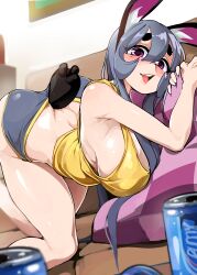 1girls 2023 absurd_res all_fours armpits beer_can big_breasts black_eyebrows blush bongfillstudent bunny_ears bunny_girl bunny_industry_(bongfillstudent) can female female_only grey_hair long_hair looking_at_viewer pillow_grab purple_eyes shorts smiling smiling_at_viewer solo tail tank_bunny_(bongfillstudent) tank_top thick_eyebrows