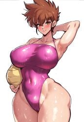 1girls armpits big_breasts blush boobs breasts brown_hair busty cameltoe curvaceous curvy curvy_body curvy_female curvy_figure female honoo_no_toukyuuji:_dodge_danpei huge_breasts ichigeki_haruka kisuu large_breasts skin_tight swimsuit thick_thighs volleyball voluptuous white_background wide_hips