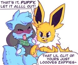 anthro bodily_fluids cum duo eeveelution ejaculation electricity electrostimulation feral generation_1_pokemon generation_4_pokemon genital_fluids genitals hi_res humiliation jolteon male male/male nintendo penis penis_humiliation pokemon pokemon_(species) riolu sin_tokki small_penis small_penis_humiliation