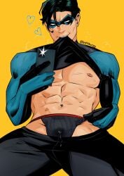 antibooart biting_shirt cellphone dc dc_comics dick_grayson heart jockstrap looking_at_viewer male male_only masked muscles muscular muscular_male nightwing precum precum_drip precum_through_jockstrap selfie shirt_lift spread_legs superhero teasing teen_titans