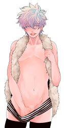 alternate_costume black_legwear black_thighhighs fur_collar gintama gintoki_sakata half-closed_eyes hand_in_underwear ichirentakusho licking_lips looking_at_viewer male male_only penis penis_peek self_fondle smile solo thighhighs tongue_out underwear white_hair zettai_ryouiki