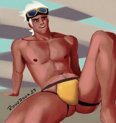 big_bulge bulge goggles goggles_on_head huge_bulge jockstrap male male_only muscles muscular muscular_male nude pokemon pokemon_(anime) pokemon_horizons pokemon_professor professor_friede roozrook solo tan-skinned_male tan_skin white_hair