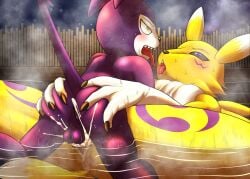 ass_grab bandai_namco cum cum_in_pussy cum_inside digimon digimon_(species) female female_fox fid fox hot_spring imp impmon interspecies interspecies_sex male naked nude penis penis_in_pussy pussy renamon sex small_dom_big_sub thick_thighs tongue tongue_out vaginal_penetration wet