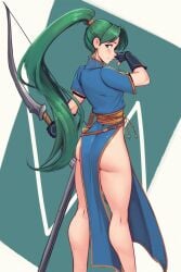 1girls absurdres ass ass_focus bangs bare_legs big_ass bow_(weapon) earrings feet_out_of_frame female female_only fingerless_gloves fire_emblem fire_emblem:_the_blazing_blade gloves green_eyes green_hair high_ponytail highres holding holding_weapon jewelry legs long_hair lyn_(fire_emblem) nintendo ponytail raichiyo33 scabbard sheath side_slit simple_background solo thighs very_long_hair weapon