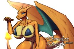 1girls 2d anthro belly_button bikini blue_eyes breasts charizard demalyxdragon dragon dragon_girl female female_only horns large_breasts long_eyelashes pokémon_(species) pokemon pokemon_(species) scalie solo tail text thick_thighs white_background wings