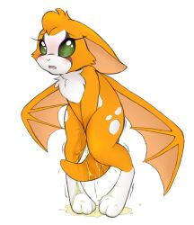 anthro bat blush bodily_fluids chest_tuft cute dust:_an_elysian_tail ears_down female fidget_(elysian_tail) genital_fluids hi_res holding_crotch mammal messyszop nimbat omorashi open_mouth peeing pivoted_ears shaking solo standing trembling tuft urine urine_on_feet urine_on_legs urine_on_tail urine_pool wings