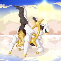 arceus dragunsnack feral genitals hall_of_origin kneeling legendary_pokémon male nintendo penis pokémon_(species) pokemon raised_tail solo sunset tail unusual_anatomy unusual_genitalia unusual_penis