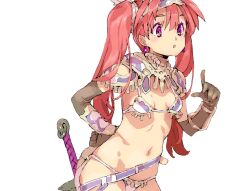 1girls bikini bikini_armor_explorers cute petite red_hair small_breasts standing transparent_background weapon