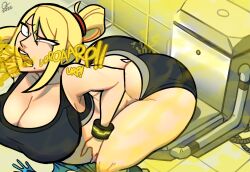 1girls ass ass_cleavage belch belching big_ass blonde_hair blue_eyes burp burping butt_crack cleavage clothed clothing fart farting female female_only fetish gassy hand_on_belly indigestion metroid nintendo oddtenn ponytail samus_aran sitting smell tenuousoddity toilet uncomfortable