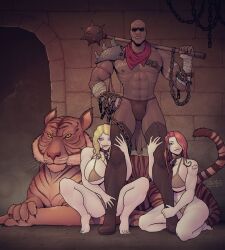 1boy 2girls abs armor big_breasts blonde_female blonde_hair bulge chains collar crouched crouching crouching_female dark-skinned_male devil_hs female femsub gladiator gladiator_armor grabbing_legs grabbing_thighs happy_sub holding_mace holding_thigh holding_weapon huge_breasts interracial large_breasts leash leash_and_collar leather_boots legs_apart legs_spread light-skinned_female light_skin long_hair male maledom markings multiple_girls multiple_subs muscular muscular_male penis_bulge red_hair slave slavegirl slut_owner small_waist smiling spread_legs squatting standing submissive_female tattoo thick_thighs tiger tongue tongue_out wide_hips