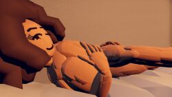 alice_tanner_(character) brown_hair burntspice2 covering_breasts in_bed looking_at_viewer oc rec_room recroom tease wink