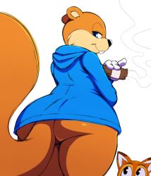 2017 anthro ass big_ass big_butt black_eyes black_nose blue_eyes bottomless buckteeth canid canine cigar clothed clothing conker conker's_bad_fur_day crossover duo fox girly half-closed_eyes hi_res holding_object huge_butt jacket lucky's_tale_(series) lucky_swiftail male male_only mammal narrowed_eyes playful_corp. rareware rodent sciurid simple_background sssonic2 super_lucky's_tale teeth topwear tree_squirrel white_background wide_hips