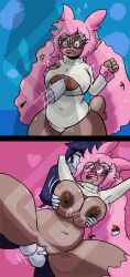 anthro big_breasts bodily_fluids breast_play breasts chubby_female clothed clothing cum cum_inside diamond_grenadier duo ejaculation eyewear female genital_fluids genitals glasses hair hand_on_breast hi_res indeedee lopunny male male/female nintendo paizuri partially_clothed penis perpendicular_paizuri pink_hair pokémon_(species) pokeball pokemon pokemon_(species) pussy regula_lex_iii sex slightly_chubby titjob vaginal_penetration