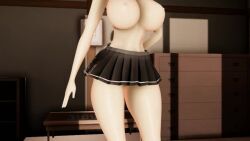 3d animated big_breasts blue_eyes double_v greeny_(mmd) hamakaze_(kantai_collection) kantai_collection mmd shadow short_hair skirt stripping tagme video white_hair