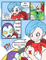 1girls 2boys angry blue_eyes blue_hair blush breasts bulma_briefs cleavage clothed comic comic_page dialogue dragon_ball dragon_ball_super female highres jaco jaco_the_galactic_patrolman male randomartdude scarf short_hair speech_bubble straight text vegeta