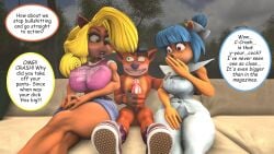 1boy 2girls 3d 3d_(artwork) anthro blonde_hair blue_hair crash_(series) crash_bandicoot furry furry_female furry_male horny_female megumi_bandicoot nude_male penis tawna_bandicoot