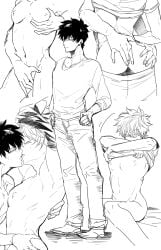 anal_fingering bottomless completely_nude fingering fingering_partner fully_clothed gay gintama gintoki_sakata hijikata_toshiro ichirentakusho kissing male male_only monochrome multiple_scenes nude pants_down pec_grasp shirt_lift sketch sketch_page undressing yaoi