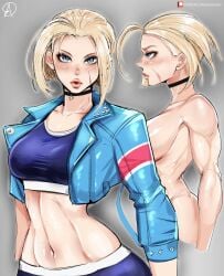 1girls 2023 almualim blonde_female blonde_hair blue_eyes cammy_white capcom choker female female_focus female_only full_lips hi_res high_resolution highres jacket light-skinned_female light_skin midriff scar scarred_face short_hair side_view solo solo_female solo_focus sports_bra sportswear stomach street_fighter street_fighter_6 street_fighter_iv street_fighter_v tagme toned toned_female toned_stomach tummy