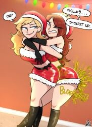 2girls blonde_hair blue_eyes christmas christmas_outfit crotch_rub dialogue embarrassed english_text fart fart_fetish female female_only grey_eyes japanese_text long_hair oddtenn red_hair smug tenuousoddity text