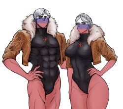 ._. 1boy 1girls atomic_heart big_breasts bulge clothing countryhumans countryhumans_girl humanoid left_(atomic_heart)_(cosplay) muscular muscular_male red_body right_(atomic_heart)_(cosplay) russia_(countryhumans) the_twins_(atomic_heart)_(cosplay)