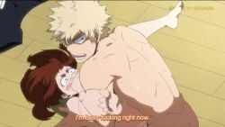 1boy 1girls accurate_art_style artist_name blonde_hair clothes_on_floor clothes_removed completely_naked completely_naked_female completely_naked_male completely_nude completely_nude_female completely_nude_male covering_mouth dailykrumbs english_subtitles english_text fake_screenshot female katsuki_bakugou legs_apart legs_up low_res lowres male male/female missionary_position my_hero_academia nightlykrumbs ochako_uraraka out_of_frame red_hair source_request straight straight_sex tagme