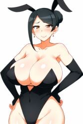 ai_generated armpits bijin_onna_joushi_takizawa-san black_hair blush brown_eyes bunny_ears bunnysuit cleavage collarbone curvy embarrassed female female_only hair_bun hands_on_hips huge_breasts looking_at_viewer niksplosion_(generator) short_hair simple_background smile stable_diffusion sweatdrop takizawa_kyouko