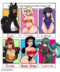 6+girls 6girls adjusting_hair aqua_eyes ass bare_shoulders bare_thighs beauty_mark big_ass big_breasts bikini black_hair blonde_hair blue_eyes bluueygooey breasts choker cleavage collarbone crossover dc_comics diana_prince double_v eastern_and_western_character elbow_gloves embarrassed female female_only fire_emblem fire_emblem:_genealogy_of_the_holy_war frown gloves green_eyes green_hair grin gundam high_ponytail hime_cut huge_breasts kali_belladonna larcei_(fire_emblem) large_ass large_breasts long_hair looking_at_viewer looking_away looking_back medium_hair mobile_suit_gundam mole mole_on_thigh multiple_girls open_mouth orange_bikini orange_swimsuit panels pelvic_curtain pokemon ponytail purple_eyes purple_hair pyrrha_nikos red_eyes red_hair rwby sabrina_(pokemon) sayla_mass short_hair shoulders shy shy_smile six_fanarts_challenge smile swimsuit tail thick_thighs thighs v wonder_woman wonder_woman_(series) yellow_fur