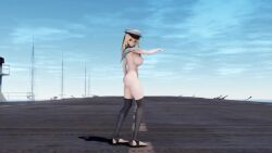 3d aircraft_carrier animated big_breasts blonde_hair bouncing_breasts graf_zeppelin_(kantai_collection) greeny_(mmd) hazel_eyes iron_cross kantai_collection micro_bikini military_hat mmd skirt stripping tagme thighhighs video