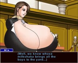 1girls breast_expansion brown_eyes brown_hair capcom cleavage edit gyakuten_saiban huge_breasts hyper hyper_breasts massive_breasts mia_fey mole mole_under_mouth teaset_haliley