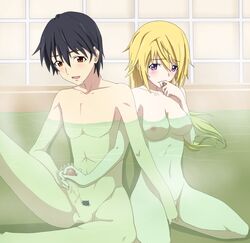 bath beige_penis beige_skin biting black_hair blonde_hair blush breasts brown_eyes censored charlotte_dunois coed_bathing couple female finger_biting fingering handjob infinite_stratos long_hair mixed_bathing mutual_masturbation nipples nude orimura_ichika penis pubic_hair purple_eyes ribonzu sitting tan_penis tan_skin testicles tiles wariza water