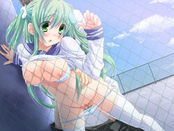 1girls against_fence alternate_hairstyle blush bow bow_panties bra breasts chainlink_fence doggy_style female fence frog green_eyes green_hair hair_ornament large_breasts lingerie navel nipples open_mouth panties rooftop sanae_kochiya school_uniform sex snake solo thighhighs touhou uncensored underwear white_legwear yayoi_and_nagi yellow_eyes