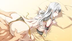 all_fours armband ass ass_grab back bed bikini bikini_top blush breasts censored ebido female from_behind highres large_breasts long_hair looking_back open_mouth pillow red_eyes selvaria_bles sex sideboob silver_hair sweat swimsuit vaginal_penetration valkyria_chronicles white_hair wide_hips