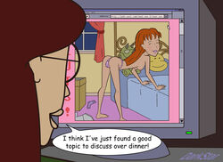 2girls arm_support artist_name barefoot bed bedroom cam_girl cameltoe camgirl caught computer_monitor computer_screen computer_window crt crt_monitor curtains daria daria_morgendorffer dark_brown_hair darkstar e-girl egirl english_text glasses hanging_breasts indoors leaning_forward long_hair looking_at_camera looking_at_viewer looking_back looking_back_at_viewer messy_room multiple_girls orange_hair panties panties_only pink_lips pink_lipstick pink_panties plushie quinn_morgendorffer round_glasses sarcasm sisters skinny skinny_female skinny_girl slight_blush small_breasts small_nipples speech_bubble standing stuffed_animal stuffed_toy tagme teenage teenage_girl teenager thin thin_arms thin_female thin_waist thong_panties topless_female truth web_address webcam_model window