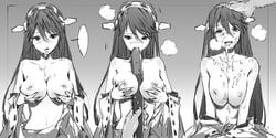 between_breasts blush breast_hold breasts hand_on_head haruna_(kantai_collection) hjl kantai_collection monochrome nipples object_between_breasts saliva solo_focus torpedo