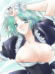 alice_soft blue_eyes blush breasts clothing female frills green_hair kikkawa_kiku kyouya large_breasts maid mole mole_under_mouth rance_(series) sengoku_rance solo