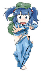 backpack bag barefoot blue_eyes blue_hair censored convenient_censoring hair_bobbles hair_ornament hat key kusaba nitori_kawashiro no_panties open_skirt skirt skirt_pull solo tied_hair touhou tripping twintails wardrobe_malfunction wrench