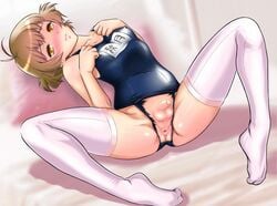 anus blush brown_eyes brown_hair censored erect_nipples feet flaccid foreskin idolmaster idolmaster_dearly_stars indoshiki lying name_tag one-piece_swimsuit open_mouth penis saliva school_swimsuit short_hair spread_legs sweat swimsuit tear thighhighs toe_scrunch torn_clothes torn_swimsuit trap white_legwear white_thighhighs