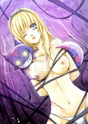 alice_in_wonderland alice_liddell blonde_hair blood blue_eyes bondage breasts cat cheshire_cat dutch_angle female front_view human male nipples pale_skin tagme topless wink