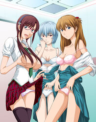 3girls asuka_langley_sohryu blue_eyes blue_hair blush bra breasts brown_hair clothes clothing dark_hair eyewear female female_only glasses high_resolution human large_breasts light_skin light_skinned_female lingerie long_hair mari_illustrious_makinami medium_breasts multiple_girls neon_genesis_evangelion orange_hair pale-skinned_female pale_skin panties pink_bra pink_panties purple_panties rebuild_of_evangelion red_eyes rei_ayanami school_uniform short_hair skirt skirt_lift stockings tied_hair toyatei twintails underwear upskirt white_bra white_panties yuri