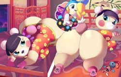 aerth animal_crossing ass bear blonde_hair blue_eyes breasts brown_hair clothed clothed_female female female_focus female_only francine_(animal_crossing) green_eyes nintendo pekoe_(animal_crossing) rabbit tan_fur thick_thighs thighs white_fur