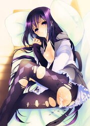 1girls after_sex akemi_homura ass breasts censored cum cum_inside cumdrip female goroo hairband highres long_hair mahou_shoujo_madoka_magica nipples no_panties pantyhose pillow purple_eyes purple_hair pussy skirt solo tear torn_clothes torn_pantyhose