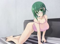 all_fours ass bed bottomless breasts cleavage glasses green_eyes green_hair huge_breasts infinite_stratos no_panties smile yamada_maya_(infinite_stratos)