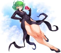 1girls absurd_res black_dress blush bottom_heavy box box_of_chocolates breasts calves candy chocolate chocolate_heart color covered_navel curly_hair dress fantasy flats floating flying glowing green_eyes green_hair hand_on_hip heart heart-shaped_box hi_res high_heels highres knees levitation looking_at_viewer magic mogudan no_panties one-punch_man perfect_legs psychic shiny_skin short_hair small_breasts solo stomach tatsumaki telekinesis thick_thighs thighs thighs_together