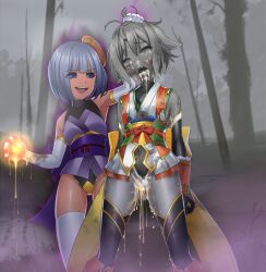 2girls ahe_gao blue_eyes crying cum cumming death defeated female female_death female_only gray_hair head_grab hisui_(meten) kunoichi leotard long_gloves meten mind_break multiple_girls ninja original peeing petrification shirikodama short_hair skirt stockings tomboy tongue_out torn_clothes