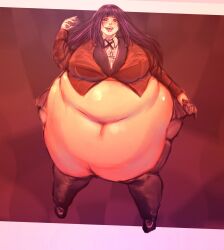 ahe_gao bamboo_ale bbw black_hair chubby fat feet hanging_belly hime_cut huge_belly hyper_belly jabami_yumeko kakegurui leggings obese obese_female school_uniform ssbbw stockings